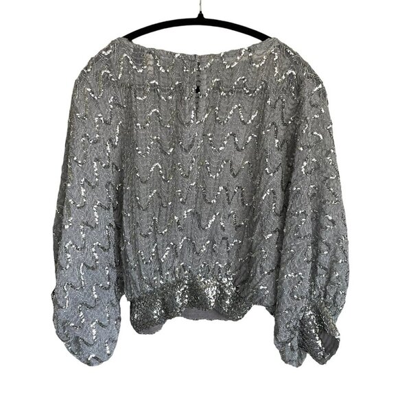 St. MARTIN Silver Wavy Sequin Crop Top Dolman Sleeves Glam Retro Disco Party Med - Picture 2 of 16